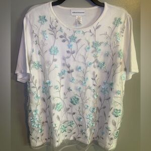 Alfred Dunner White Short Sleeve Sweater Teal Green Gray Floral Embroidery Sz M